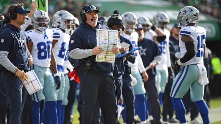 Dec 29, 2024; Philadelphia, Pennsylvania, USA; Dallas Cowboys head coach Mike McCarthy on the sidelines against the Philadelphia Eagles during the first quarter at Lincoln Financial Field. Mandatory Credit: Eric Hartline-Imagn Images