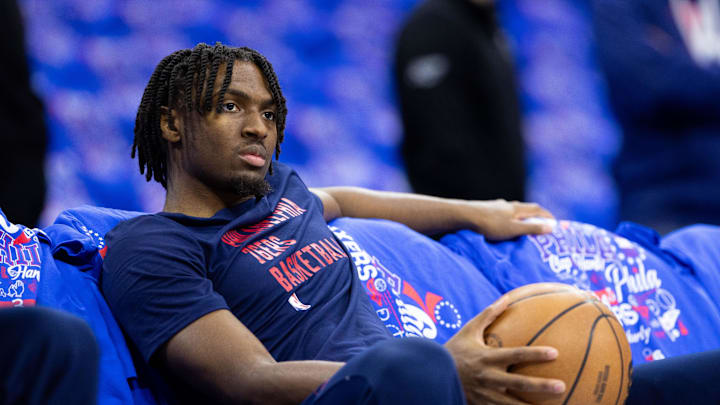 Oct 29, 2023; Philadelphia, Pennsylvania, USA; Philadelphia 76ers guard Tyrese Maxey before action