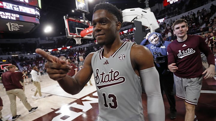 Feb 21, 2024; Starkville, Mississippi, USA; Mississippi State Bulldogs guard Josh Hubbard (13) reacts toward fans after defeating the Mississippi Rebels at Humphrey Coliseum. Mandatory Credit: Petre Thomas-Imagn Images