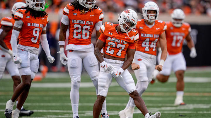Oklahoma State cornerback Raymond Gay II (27) celebrates a tackle in the first quarter during an NCAA football game between Oklahoma State (OSU) and UT Martin in Stillwater, Okla., on Thursday, Aug. 28, 2025.