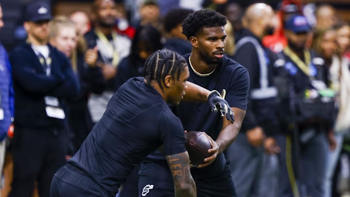 Colorado Buffaloes quarterback Shedeur Sanders runs drills at the University of Colorado NFL Showcase at the CU Indoor Practice Facility. Mandatory Credit: Michael Ciaglo-Imagn Images