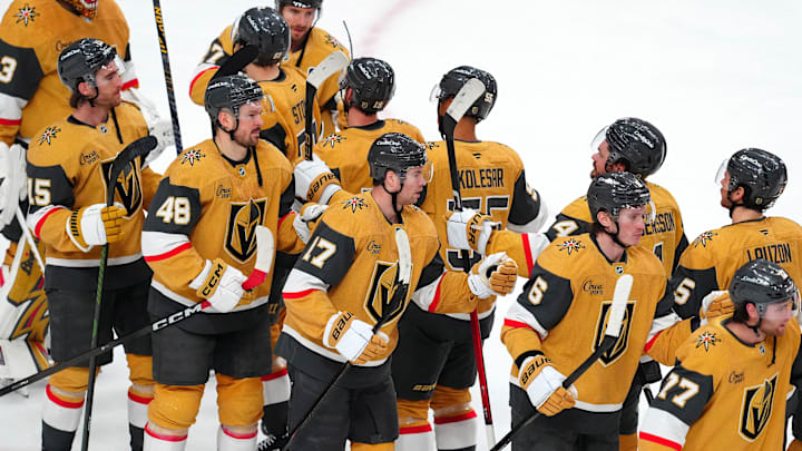 Feb 5, 2026; Las Vegas, Nevada, USA; Vegas Golden Knights players celebrate after defeating the Los Angeles Kings 4-1 at T-Mobile Arena. Mandatory Credit: Stephen R. Sylvanie-Imagn Images