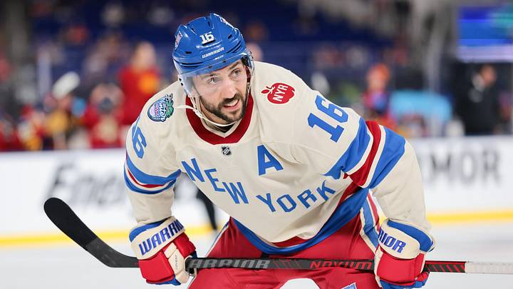 Jan 2, 2026; Miami, Florida, USA; New York Rangers center Vincent Trocheck (16) waits for a faceoff against the Florida Panthers during the third period during the third period in the 2026 Winter Classic ice hockey game at loanDepot Park. Mandatory Credit: Sam Navarro-Imagn Images