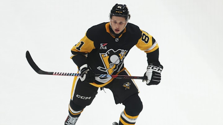 Sep 27, 2025; Pittsburgh, Pennsylvania, USA;  Pittsburgh Penguins center Ben Kindel (81) in action against the Columbus Blue Jackets during the second period at PPG Paints Arena. Mandatory Credit: Charles LeClaire-Imagn Images