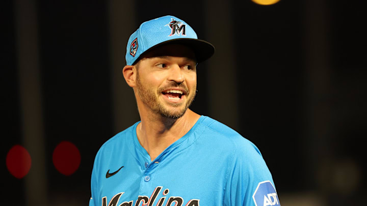 Feb 29, 2024; Tampa, Florida, USA; Miami Marlins first baseman Trey Mancini (13) looks on during the first inning against the New York Yankees at George M. Steinbrenner Field.