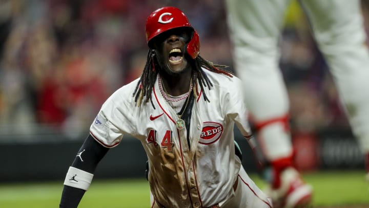 Apr 8, 2024; Cincinnati, Ohio, USA; Cincinnati Reds shortstop Elly De La Cruz (44) runs the bases after hitting an inside-the-park home run in the seventh inning against the Milwaukee Brewers at Great American Ball Park. Mandatory Credit: Katie Stratman-USA TODAY Sports Apr 8, 2024; Cincinnati, Ohio, USA; Cincinnati Reds shortstop Elly De La Cruz (44) runs the bases after hitting an inside-the-park home run in the seventh inning against the Milwaukee Brewers at Great American Ball Park. Mandatory Credit: Katie Stratman-USA TODAY Sports