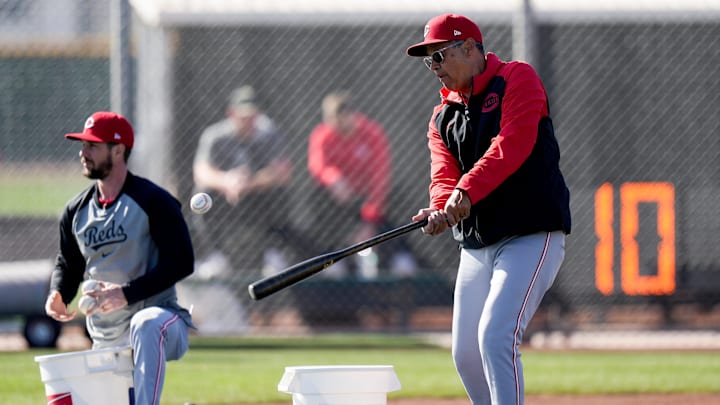 Cincinnati Reds bench coach/field coordinator Freddie Benavides (45) runs drills with players, Wednesday, Feb. 19, 2025, at the Cincinnati Reds Player Development Complex in Goodyear, Ariz.