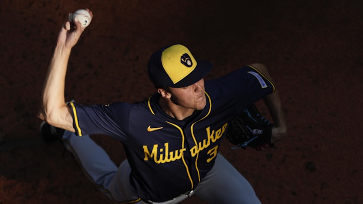 Jul 22, 2025; Seattle, Washington, USA; Milwaukee Brewers starting pitcher Jacob Misiorowski (32) warms up in the bullpen before a game against the Seattle Mariners at T-Mobile Park. Mandatory Credit: Joe Nicholson-Imagn Images Jul 22, 2025; Seattle, Washington, USA; Milwaukee Brewers starting pitcher Jacob Misiorowski (32) warms up in the bullpen before a game against the Seattle Mariners at T-Mobile Park. Mandatory Credit: Joe Nicholson-Imagn Images