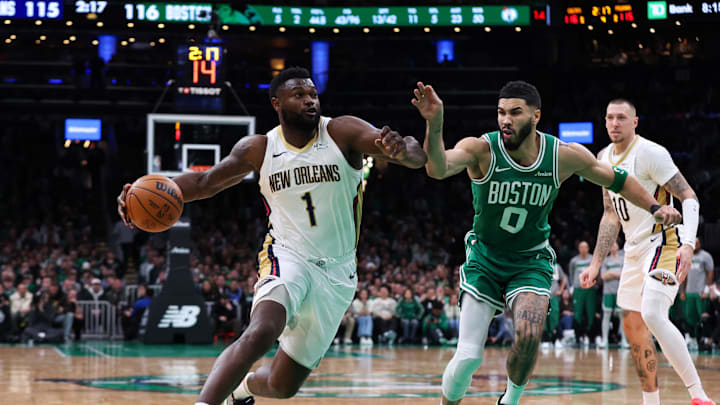 Jan 12, 2025; Boston, Massachusetts, USA; New Orleans Pelicans forward Zion Williamson (1) drives to the basket during the second half against the Boston Celtics at TD Garden. Mandatory Credit: Paul Rutherford-Imagn Images Jan 12, 2025; Boston, Massachusetts, USA; New Orleans Pelicans forward Zion Williamson (1) drives to the basket during the second half against the Boston Celtics at TD Garden. Mandatory Credit: Paul Rutherford-Imagn Images