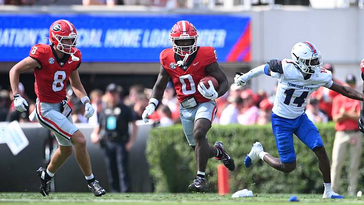 Georgia Bulldogs wide receiver Sacovie White-Helton totes the football in the Dawgs' win over Tennessee State in Sanford Stadium on 9/05/2026. Georgia Bulldogs wide receiver Sacovie White-Helton totes the football in the Dawgs' win over Tennessee State in Sanford Stadium on 9/05/2026.