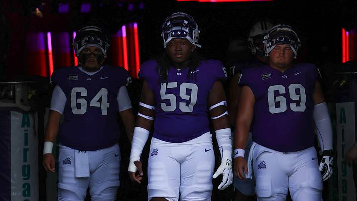 TCU offensive linemen Jacob Ahumada (64), Jaheim Buchanon (59) and Gannon Gaubert (69) prepare to take the field against Arkansas State. TCU roster TCU offensive linemen Jacob Ahumada (64), Jaheim Buchanon (59) and Gannon Gaubert (69) prepare to take the field against Arkansas State. TCU roster