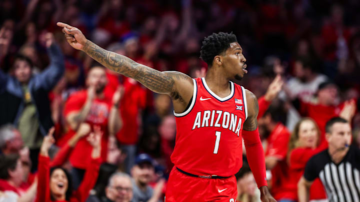 Feb 22, 2025; Tucson, Arizona, USA; Arizona Wildcats guard Caleb Love (1) points after he makes a three-point basket during the first half against the BYU Cougars at McKale Center. Mandatory Credit: Aryanna Frank-Imagn Images