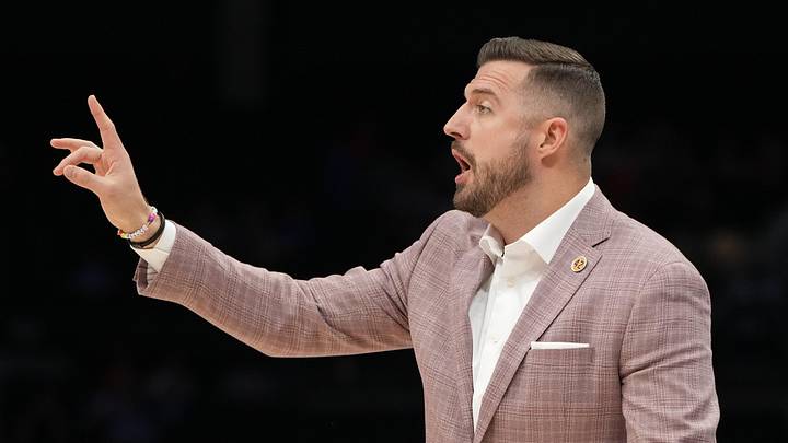 Mar 11, 2026; Charlotte, NC, USA; Florida State Seminoles head coach Luke Loucks reacts in the first half at Spectrum Center. Mandatory Credit: Bob Donnan-Imagn Images