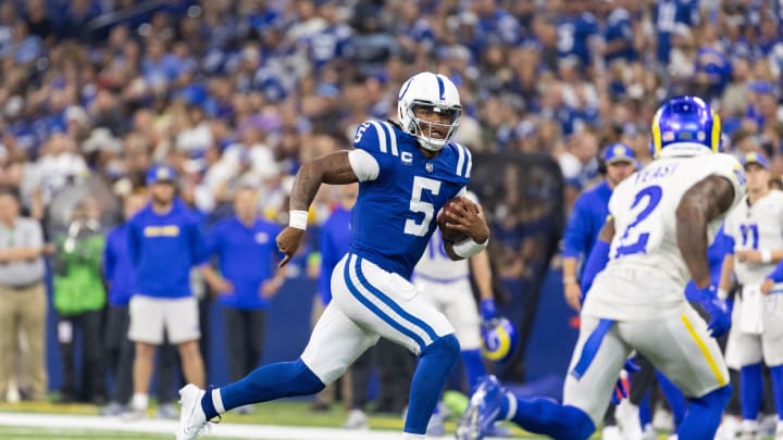 Oct 1, 2023; Indianapolis, Indiana, USA; Indianapolis Colts quarterback Anthony Richardson (5) runs the ball in the second quarter against the Los Angeles Rams at Lucas Oil Stadium. Mandatory Credit: Trevor Ruszkowski-USA TODAY Sports