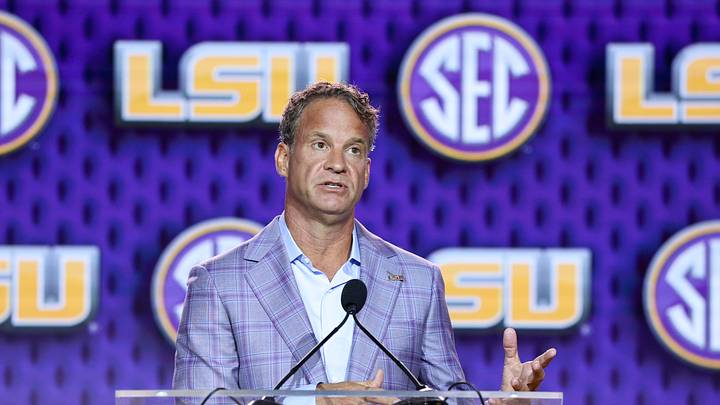 Jul 23, 2026; Tampa, FL, USA; LSU Tigers head coach Lane Kiffin speaks to the press during SEC Football Kickoff Media Day at the Tampa Marriott. Mandatory Credit: Nathan Ray Seebeck-Imagn Images