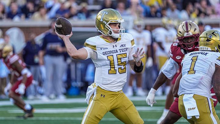 Oct 24, 2026; Atlanta, Georgia, USA; Georgia Tech Yellow Jackets quarterback Alberto Mendoza (15) passes against the Boston College Eagles at Bobby Dodd Stadium at Hyundai Field. Mandatory Credit: Dale Zanine-Imagn Images