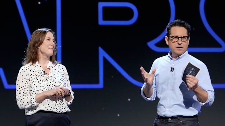 ANAHEIM, CALIFORNIA - AUGUST 24: (L-R) Producer Kathleen Kennedy and Director/producer/writer J.J. Abrams of 'Star Wars: The Rise of Skywalker' took part today in the Walt Disney Studios presentation at Disney’s D23 EXPO 2019 in Anaheim, Calif. 'Star Wars: The Rise of Skywalker' will be released in U.S. theaters on December 20, 2019. (Photo by Jesse Grant/Getty Images for Disney)