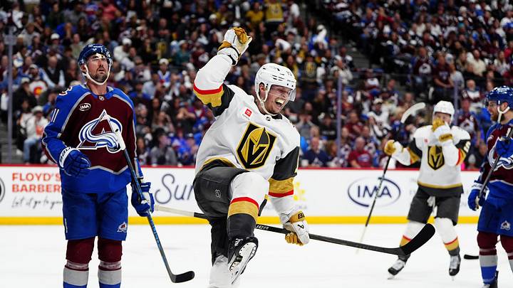 May 22, 2026; Denver, Colorado, USA; Vegas Golden Knights right wing Pavel Dorofeyev (16) reacts following a third-period goal past Colorado Avalanche goaltender Scott Wedgewood (41) in game two of the Western Conference Final of the 2026 Stanley Cup Playoffs at Ball Arena. Mandatory Credit: Ron Chenoy-Imagn Images