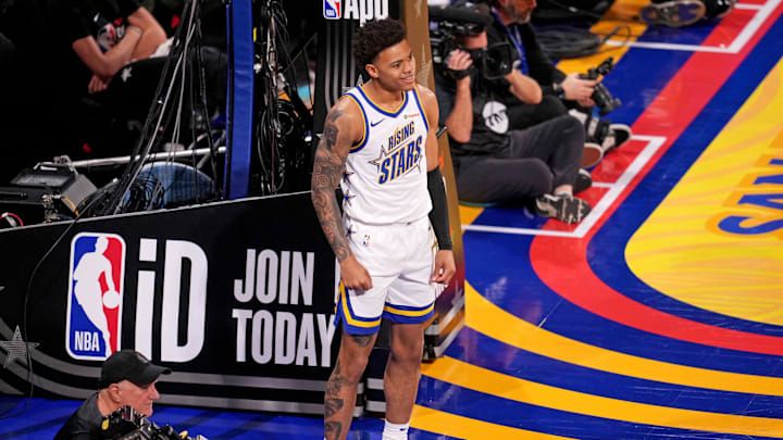Feb 14, 2025; San Francisco, California, USA; Team C guard Keyonte George (3) of the Utah Jazz looks on during the 2025 NBA Rising Stars Game at Chase Center. Mandatory Credit: Cary Edmondson-Imagn Images