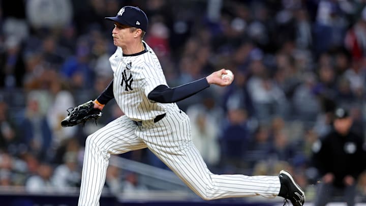 Oct 28, 2024; New York, New York, USA; New York Yankees pitcher Tim Hill (54) pitches during the seventh inning against the Los Angeles Dodgers in game three of the 2024 MLB World Series at Yankee Stadium. Oct 28, 2024; New York, New York, USA; New York Yankees pitcher Tim Hill (54) pitches during the seventh inning against the Los Angeles Dodgers in game three of the 2024 MLB World Series at Yankee Stadium.