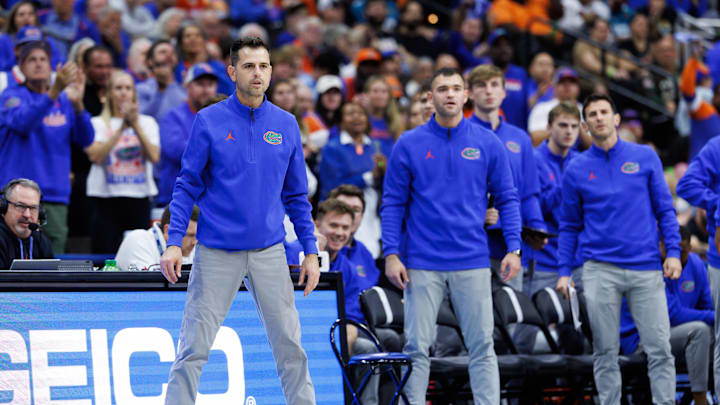 Nov 16, 2025; Jacksonville, Florida, USA; Florida Gators head coach Todd Golden looks on against the Miami Hurricanes during the second half at VyStar Veterans Memorial Arena. Mandatory Credit: Matt Pendleton-Imagn Images Nov 16, 2025; Jacksonville, Florida, USA; Florida Gators head coach Todd Golden looks on against the Miami Hurricanes during the second half at VyStar Veterans Memorial Arena. Mandatory Credit: Matt Pendleton-Imagn Images