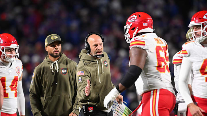 Nov 2, 2025; Orchard Park, New York, USA; Kansas City Chiefs offensive coordinator Matt Nagy greets guard Trey Smith (65) in the second half against the Buffalo Bills at Highmark Stadium. Mandatory Credit: Mark Konezny-Imagn Images Nov 2, 2025; Orchard Park, New York, USA; Kansas City Chiefs offensive coordinator Matt Nagy greets guard Trey Smith (65) in the second half against the Buffalo Bills at Highmark Stadium. Mandatory Credit: Mark Konezny-Imagn Images