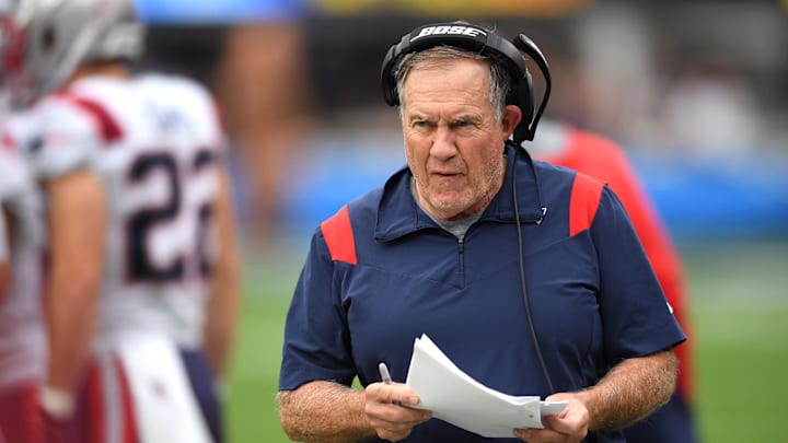 Oct 31, 2021; Inglewood, California, USA; New England Patriots head coach Bill Belichick looks on