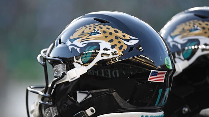 Nov 3, 2024; Philadelphia, Pennsylvania, USA; Jacksonville Jaguars helmets on the sidelines against the Philadelphia Eagles at Lincoln Financial Field. Nov 3, 2024; Philadelphia, Pennsylvania, USA; Jacksonville Jaguars helmets on the sidelines against the Philadelphia Eagles at Lincoln Financial Field.