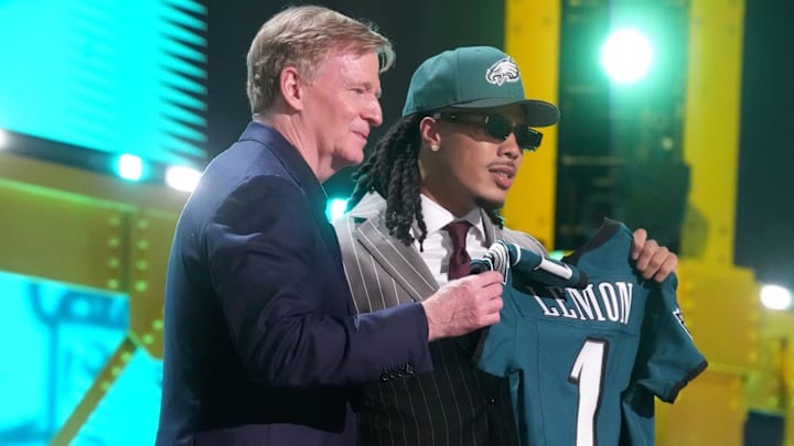 Apr 23, 2026; Pittsburgh, PA, USA; Southern California Trojans receiver Makai Lemon is selected by the Philadelphia Eagles as the number 20 pick during the 2026 NFL Draft at Acrisure Stadium. Mandatory Credit: Kirby Lee-Imagn Images