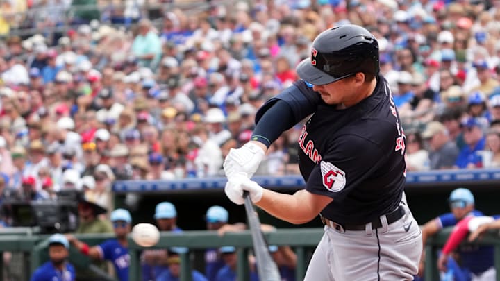 Mar 12, 2024; Surprise, Arizona, USA; Cleveland Guardians designated hitter Kyle Manzardo (73) bats against the Texas Rangers during the second inning at Surprise Stadium. Mandatory Credit: Joe Camporeale-USA TODAY Sports Mar 12, 2024; Surprise, Arizona, USA; Cleveland Guardians designated hitter Kyle Manzardo (73) bats against the Texas Rangers during the second inning at Surprise Stadium. Mandatory Credit: Joe Camporeale-USA TODAY Sports