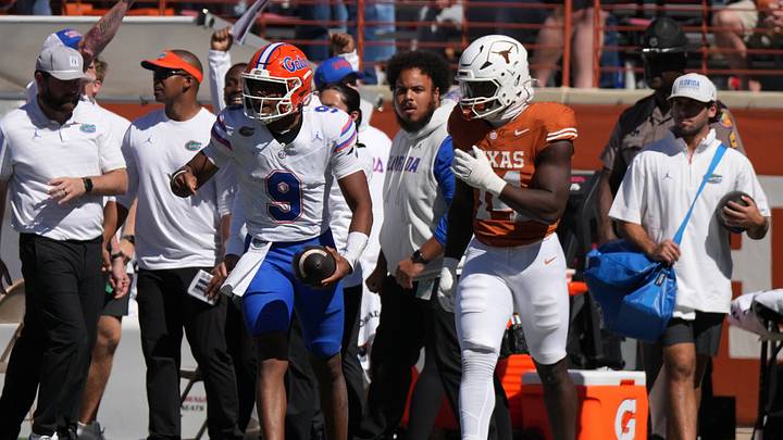 Oct 17, 2026; Austin, Texas, USA; Florida Gators quarterback Tramell Jones Jr. (9) reacts after running for a first down to secure a victory at the end of the second half against the Texas Longhorns at Darrell K Royal-Texas Memorial Stadium. Mandatory Credit: Scott Wachter-Imagn Images Oct 17, 2026; Austin, Texas, USA; Florida Gators quarterback Tramell Jones Jr. (9) reacts after running for a first down to secure a victory at the end of the second half against the Texas Longhorns at Darrell K Royal-Texas Memorial Stadium. Mandatory Credit: Scott Wachter-Imagn Images