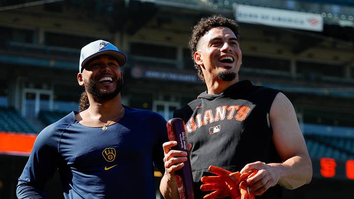 San Francisco, California, USA; San Francisco Giants shortstop Willy Adames (2) and Milwaukee Brewers pitcher Freddy Peralta (51) share a laugh during batting practice before the game at Oracle Park. Mandatory Credit: Sergio Estrada-Imagn Images San Francisco, California, USA; San Francisco Giants shortstop Willy Adames (2) and Milwaukee Brewers pitcher Freddy Peralta (51) share a laugh during batting practice before the game at Oracle Park. Mandatory Credit: Sergio Estrada-Imagn Images