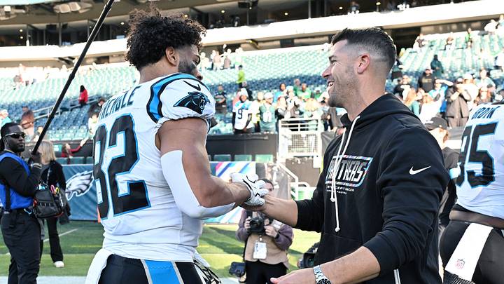 Oct 18, 2026; Philadelphia, Pennsylvania, USA; Carolina Panthers head coach Dave Canales greets tight end Tommy Tremble (82) after win against the Philadelphia Eagles at Lincoln Financial Field. Mandatory Credit: Eric Hartline-Imagn Images Oct 18, 2026; Philadelphia, Pennsylvania, USA; Carolina Panthers head coach Dave Canales greets tight end Tommy Tremble (82) after win against the Philadelphia Eagles at Lincoln Financial Field. Mandatory Credit: Eric Hartline-Imagn Images