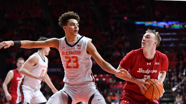 Feb 10, 2026; Champaign, Illinois, USA; Illinois Fighting Illini guard Keaton Wagler (23) pressures Wisconsin Badgers guard Andrew Rohde (7) with the ball during the second half at State Farm Center. Mandatory Credit: Ron Johnson-Imagn Images Feb 10, 2026; Champaign, Illinois, USA; Illinois Fighting Illini guard Keaton Wagler (23) pressures Wisconsin Badgers guard Andrew Rohde (7) with the ball during the second half at State Farm Center. Mandatory Credit: Ron Johnson-Imagn Images