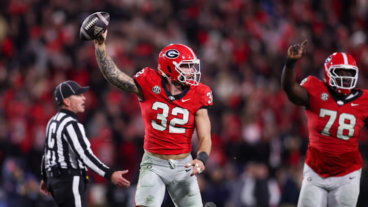 Nov 29, 2024; Athens, Georgia, USA; Georgia Bulldogs linebacker Chaz Chambliss (32) reacts after recovering a fumble against the Georgia Tech Yellow Jackets in the fourth quarter at Sanford Stadium. Mandatory Credit: Brett Davis-Imagn Images Nov 29, 2024; Athens, Georgia, USA; Georgia Bulldogs linebacker Chaz Chambliss (32) reacts after recovering a fumble against the Georgia Tech Yellow Jackets in the fourth quarter at Sanford Stadium. Mandatory Credit: Brett Davis-Imagn Images