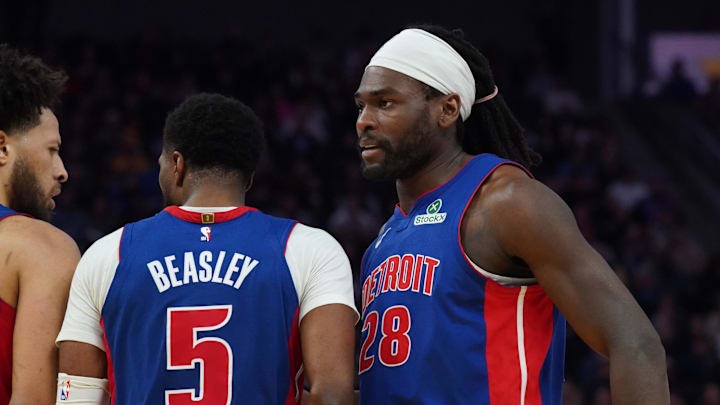 Mar 8, 2025; San Francisco, California, USA; Detroit Pistons guard Cade Cunningham (2), guard Malik Beasley (5), and forward-center Isaiah Stewart (28) celebrate during a game against the Golden State Warriors in the third quarter at Chase Center. Mandatory Credit: David Gonzales-Imagn Images Mar 8, 2025; San Francisco, California, USA; Detroit Pistons guard Cade Cunningham (2), guard Malik Beasley (5), and forward-center Isaiah Stewart (28) celebrate during a game against the Golden State Warriors in the third quarter at Chase Center. Mandatory Credit: David Gonzales-Imagn Images