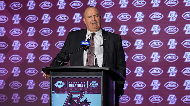 Jul 24, 2024; Charlotte, NC, USA; Boston College Eagles head coach Bill O'Brien speaks to the media during the ACC Kickoff at Hilton Charlotte Uptown. Mandatory Credit: Jim Dedmon-Imagn Images