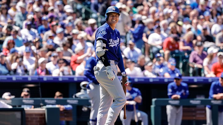 Apr 19, 2026; Denver, Colorado, USA; Los Angeles Dodgers designated hitter Shohei Ohtani (17) gestures to the Colorado Rockies bench in the first inning at Coors Field. Mandatory Credit: Isaiah J. Downing-Imagn Images