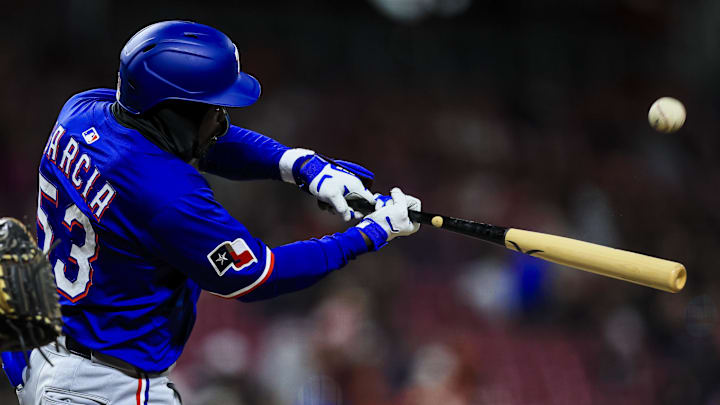 Apr 1, 2025; Cincinnati, Ohio, USA; Texas Rangers outfielder Adolis Garcia (53) bats against the Cincinnati Reds in the eighth inning at Great American Ball Park.