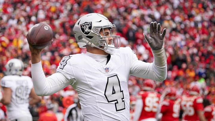 Dec 25, 2023; Kansas City, Missouri, USA; Las Vegas Raiders quarterback Aidan O'Connell (4) warms up on the sidelines against the Kansas City Chiefs during the first half at GEHA Field at Arrowhead Stadium. Mandatory Credit: Denny Medley-USA TODAY Sports Dec 25, 2023; Kansas City, Missouri, USA; Las Vegas Raiders quarterback Aidan O'Connell (4) warms up on the sidelines against the Kansas City Chiefs during the first half at GEHA Field at Arrowhead Stadium. Mandatory Credit: Denny Medley-USA TODAY Sports