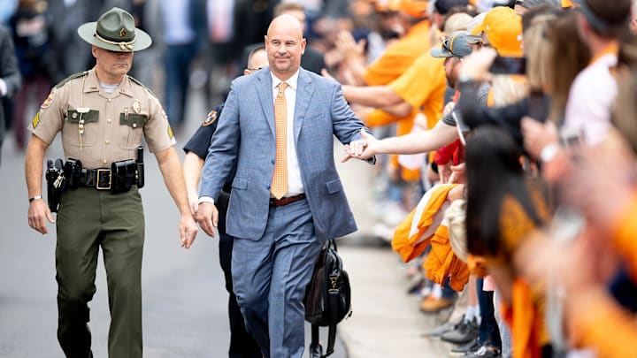 Tennessee Head Coach Jeremy Pruitt greets fans during the Vol Walk before a game between Tennessee and South Carolina at Neyland Stadium in Knoxville, Tennessee on Saturday, October 26, 2019. Tennessee Head Coach Jeremy Pruitt greets fans during the Vol Walk before a game between Tennessee and South Carolina at Neyland Stadium in Knoxville, Tennessee on Saturday, October 26, 2019.
