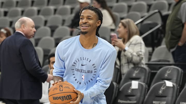Jan 15, 2025; San Antonio, Texas, USA; Memphis Grizzlies guard Ja Morant (12) warms up before a game against the San Antonio Spurs at Frost Bank Center. Mandatory Credit: Scott Wachter-Imagn Images
