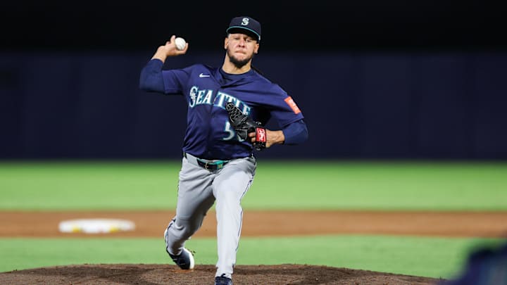 Sep 1, 2025; Tampa, Florida, USA; Seattle Mariners starting pitcher Luis Castillo (58) throws a pitch against the Tampa Bay Rays in the second inning at George M. Steinbrenner Field. Mandatory Credit: Nathan Ray Seebeck-Imagn Images