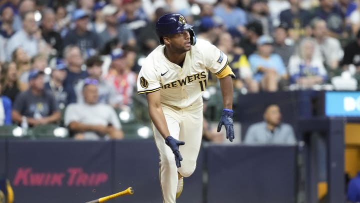 Aug 13, 2024; Milwaukee, Wisconsin, USA;  Milwaukee Brewers left fielder Jackson Chourio (11) during the game against the Los Angeles Dodgers at American Family Field. Mandatory Credit: Jeff Hanisch-USA TODAY Sports