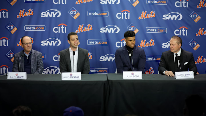 Steve Cohen, David Stearns, Juan Soto and Scott Boras at the Mets' press conference introducing Soto on Dec. 12, 2024.