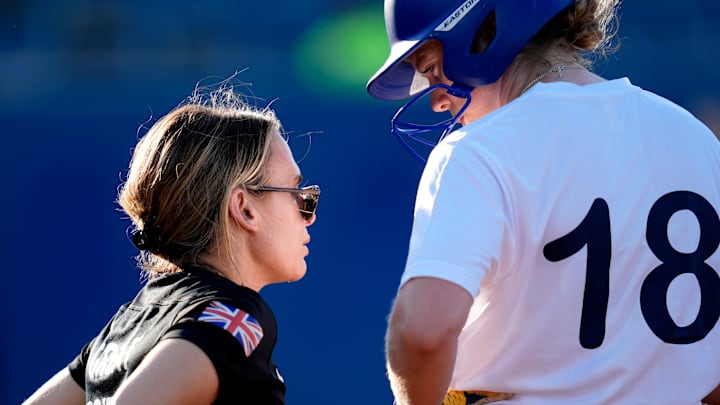 Great Britain softball coach Tara Henry talks with Alana Snow during a professional softball game between the Oklahoma City Spark and Great Britain at Devon Park in Oklahoma City, Thursday, June 18, 2024. Great Britain softball coach Tara Henry talks with Alana Snow during a professional softball game between the Oklahoma City Spark and Great Britain at Devon Park in Oklahoma City, Thursday, June 18, 2024.