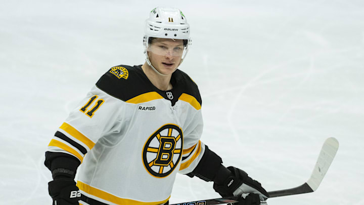 Jan 18, 2025; Ottawa, Ontario, CAN; Boston Bruins center Trent Frederic (11) skates in the third period against the Ottawa Senators at the Canadian Tire Centre. Mandatory Credit: Marc DesRosiers-Imagn Images