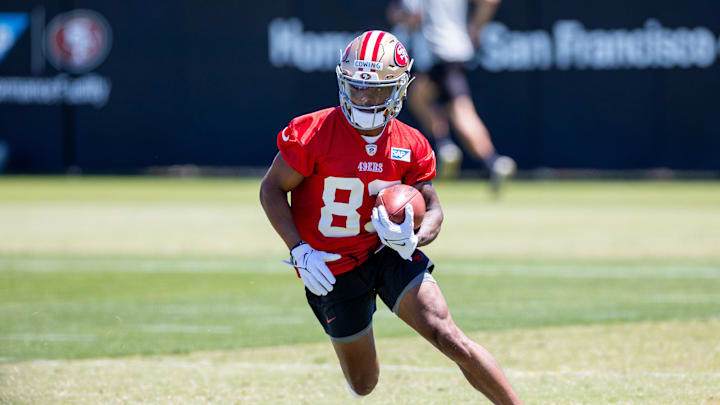 May 10, 2024; Santa Clara, CA, USA; San Francisco 49ers rookie wide receiver Jacob Cowing (83) runs drills during the 49ers rookie minicamp at Levi’s Stadium in Santa Clara, CA. Mandatory Credit: Robert Kupbens-Imagn Images