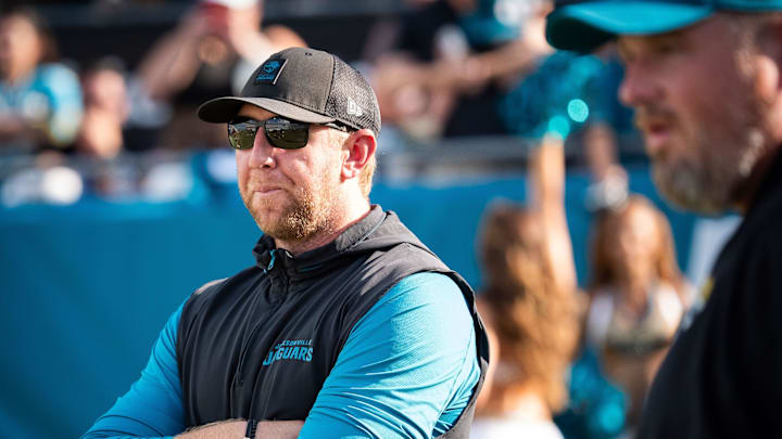 Jacksonville Jaguars head coach Liam Coen watches his team warm up before an NFL scrimmage at EverBank Stadium Friday August 1, 2025, in Jacksonville, Fla. [Doug Engle/Florida Times-Union]