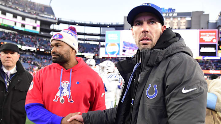 Dec 1, 2024; Foxborough, Massachusetts, USA;  New England Patriots head coach Jerod Mayo and Indianapolis Colts Shane Steichen shake hands at the end of the game at Gillette Stadium.